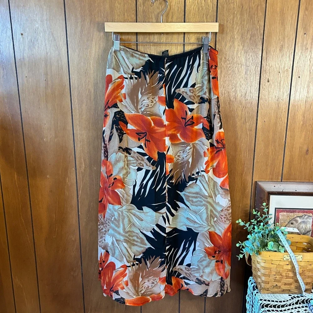 Jazzie Floral‎ Maxi Skirt L Orange Beige Brown Sheer Lined Retro Party Elegant